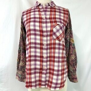 HOLDING HORSES ANTHROPOLOGIE Plaid Mixed Media Button Up Shirt Womens XS Western